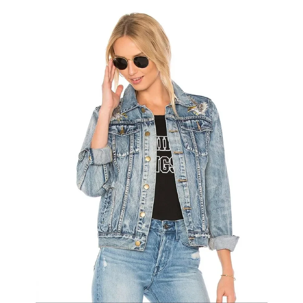 Pam & Gela Statement Embroidered Denim Jacket Vintage Blue Size S - Picture 2 of 12